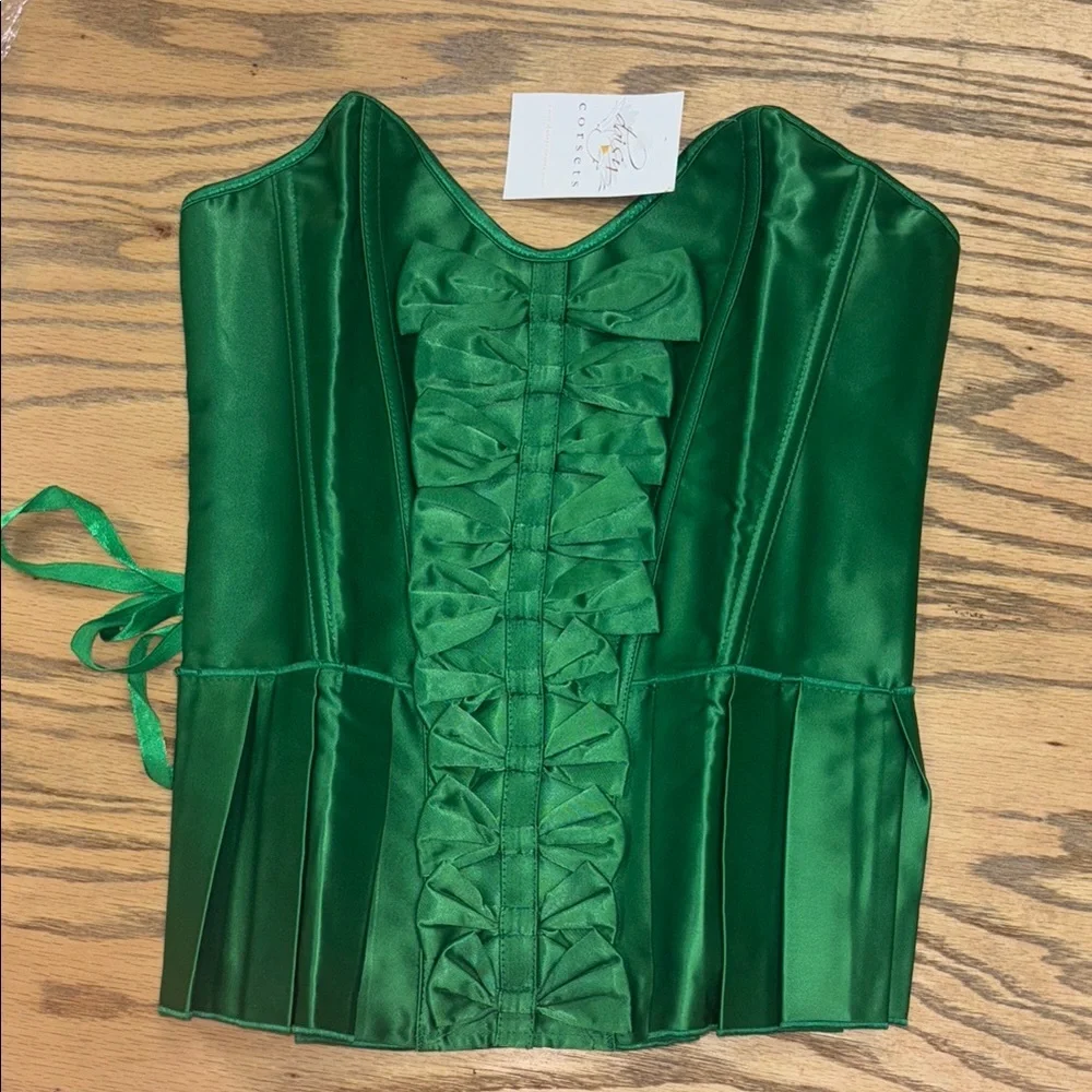 Emerald Green Satin Corset Top with Bow Details Medium - Picture 3 of 10